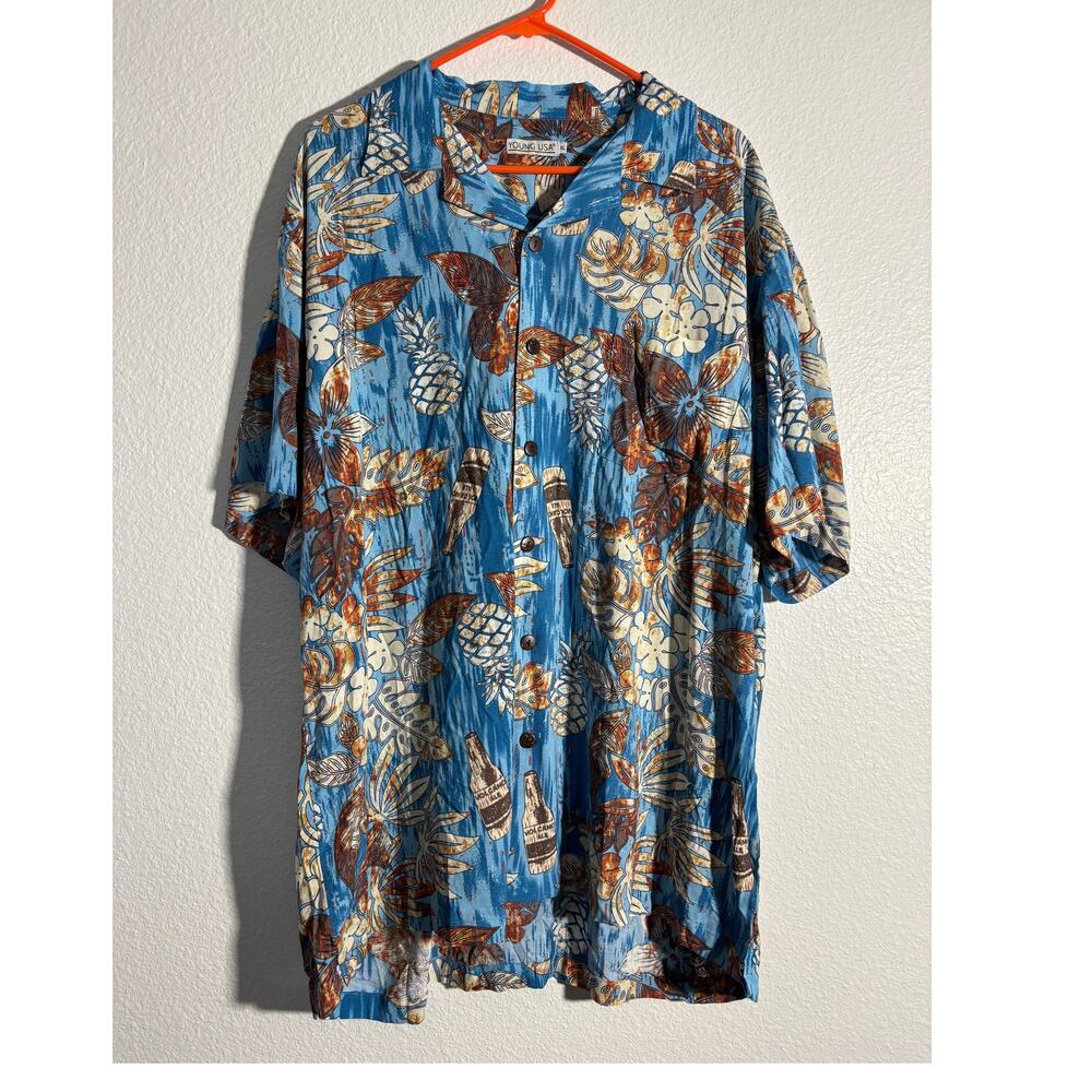 Young USA NWT Men's Size XL Blue Hawaiian Tropical Rayon Button-Up Shirt